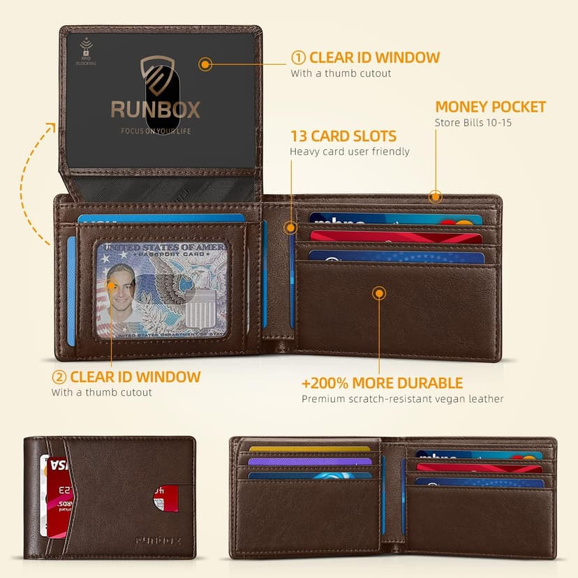 RUNBOX Wallet for Men Slim Rfid Leather 2 ID Window With Gift Box