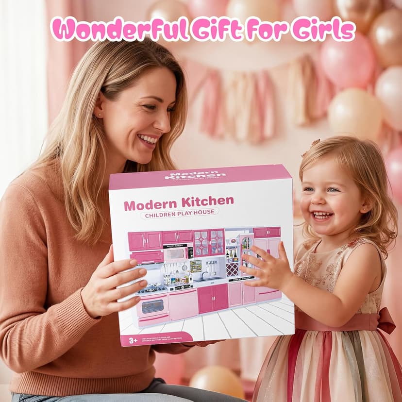 5 in 1 Kids Kitchen Playset Toys with Light & Sound, Doll House Furniture Accessories, 64 PCS Pretend Cooking Food Set, Play Kitchen for Toddlers, Gifts for Girl Ages 3-5 Year Old