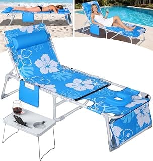 KingSom Sun Tanning Chair with Face Hole,Beach Lounge Chair with Folding Side Table,6-Position Recliner Chaise Lounge Chair,Pool Lounge Chair Outdoor Lay Flat with Pillow & Pocket,Max 350lbs-White