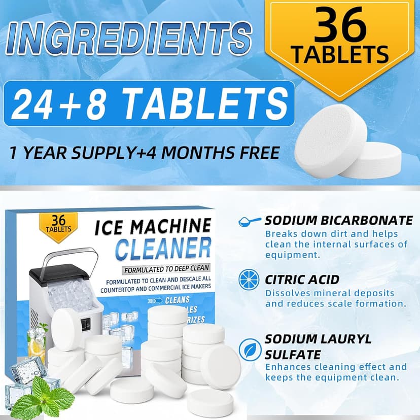 Ice Machine Cleaner Tablets Descaler (36 Pack) – Portable Ice Maker Cleaner, Nickel Safe Scale Remover Compatible with Countertop and Nugget Ice Maker, Remove limescale, Odor-Free, Crystal Clear Ice