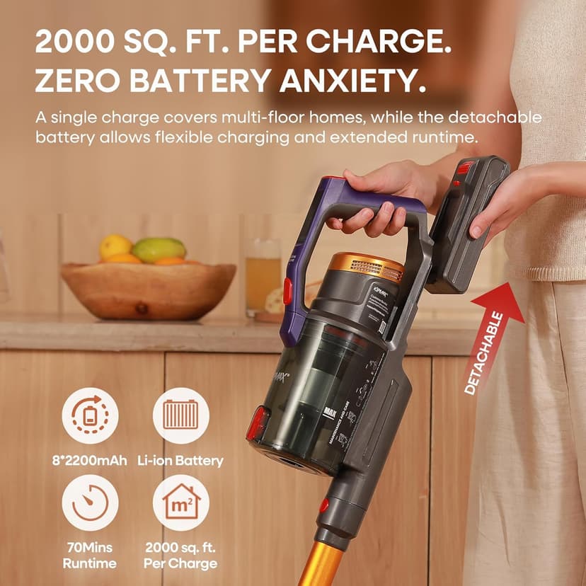 KIPMAX Cordless Vacuum Cleaner, 50KPa 550W Stick Vacuum for Home, 70Mins Anti-Tangled Vacuum Cleaner for Pet Hair/Carpet/Floor, Self-Standing Vacuum with Rechargeable Battery, LED Display&Aromatherapy