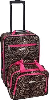 Rockland Fashion Softside Upright Luggage Set, Expandable,Lightweight,Telescopic Handle,Wheel, Pink Leopard, 2-Piece (14/19)