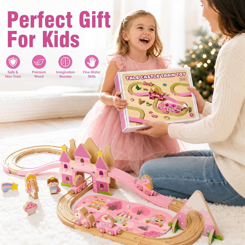 Princess Castle & Magnetic Trains, Compatible with Most Wooden Train Tracks, Birthday Gift for Girls 3 4 5 Year Old Atoylink Wooden Train Set for Toddler Girls, 40Pcs Pink Unicorn Train Toys B0H6HGYDWR