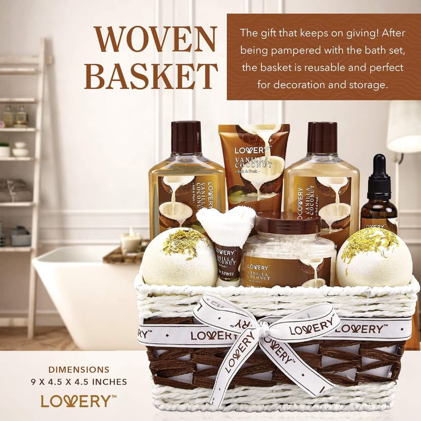 Gifts For Women Gift Basket for Women– 9 Piece Set of Vanilla Coconut Home Spa Set, Includes Fragrant Lotions, Extra Large Bath Bombs, Coconut Oil, Luxurious Bath Towel & More