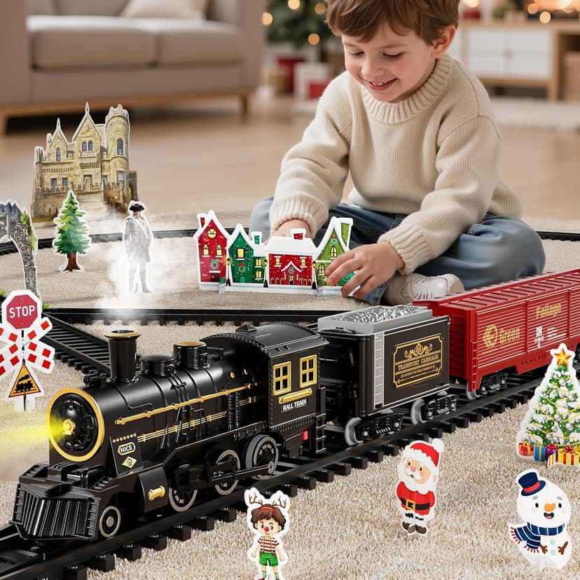 NIPLOOOW Train Set for Kids 4-8, Electric Train Toy with Realistic Sound, Lights and Smoke for Under Christmas Tree,Toddler Model Trains for 3 4 5 6 7 8 Years Old Kids Toys Gifts