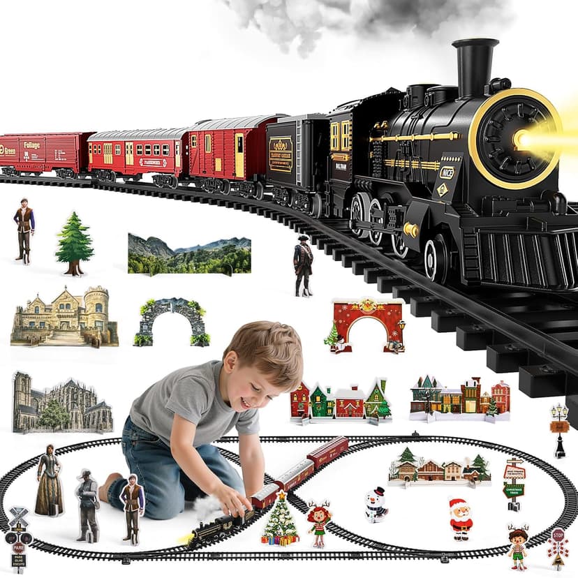 NIPLOOOW Train Set for Kids 4-8, Electric Train Toy with Realistic Sound, Lights and Smoke for Under Christmas Tree,Toddler Model Trains for 3 4 5 6 7 8 Years Old Kids Toys Gifts
