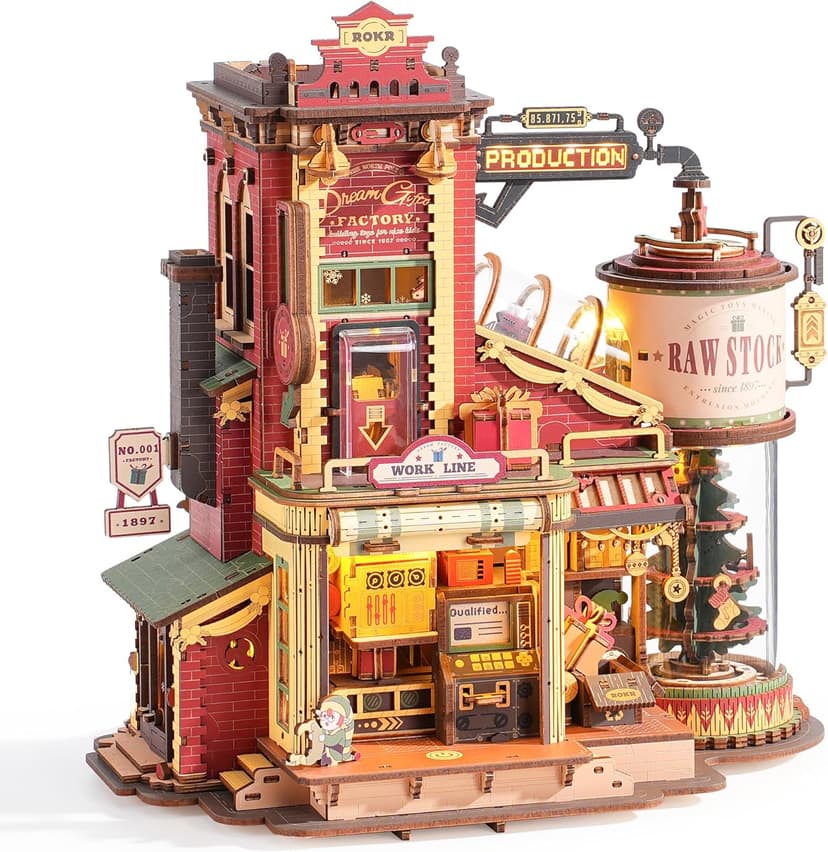 ROKR 3D Puzzle for Adults Christmas Style Dream Gift Factory Wooden Model Kit Luminous Factory DIY Dollhouse Kit Building with Music, Lights and 5 Elves for Teens & Kids