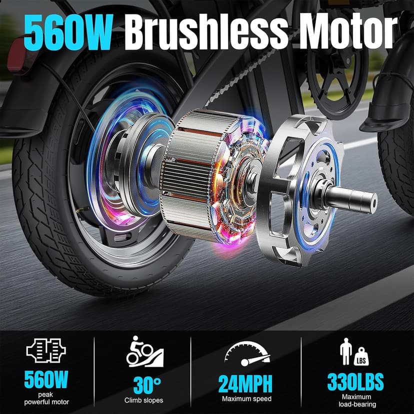 Electric Bike for Adults and Teens, 560W Motor 24MPH Compact Commuter Ebike, 32 Miles Range, 48V 10Ah Battery, 3 Shock Absorbers, 14" Mini Foldable Electric Bicycles with Basket, UL 2849 Certified