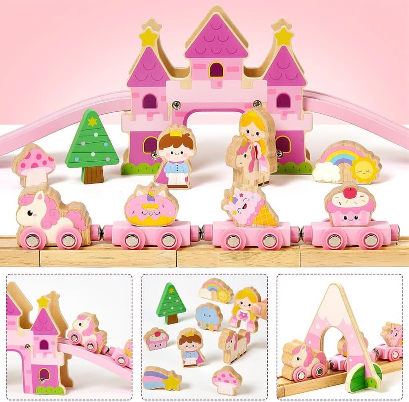 Princess Castle & Magnetic Trains, Compatible with Most Wooden Train Tracks, Birthday Gift for Girls 3 4 5 Year Old Atoylink Wooden Train Set for Toddler Girls, 40Pcs Pink Unicorn Train Toys B0H6HGYDWR