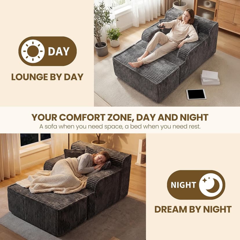 Chaise Lounge Chair Indoor,Boneless Chair with Ottoman,Comfy Reading Chair for Adults,Small Sofa Bed Couch for Living Room,Single Sleeper Chair Bed,Grey