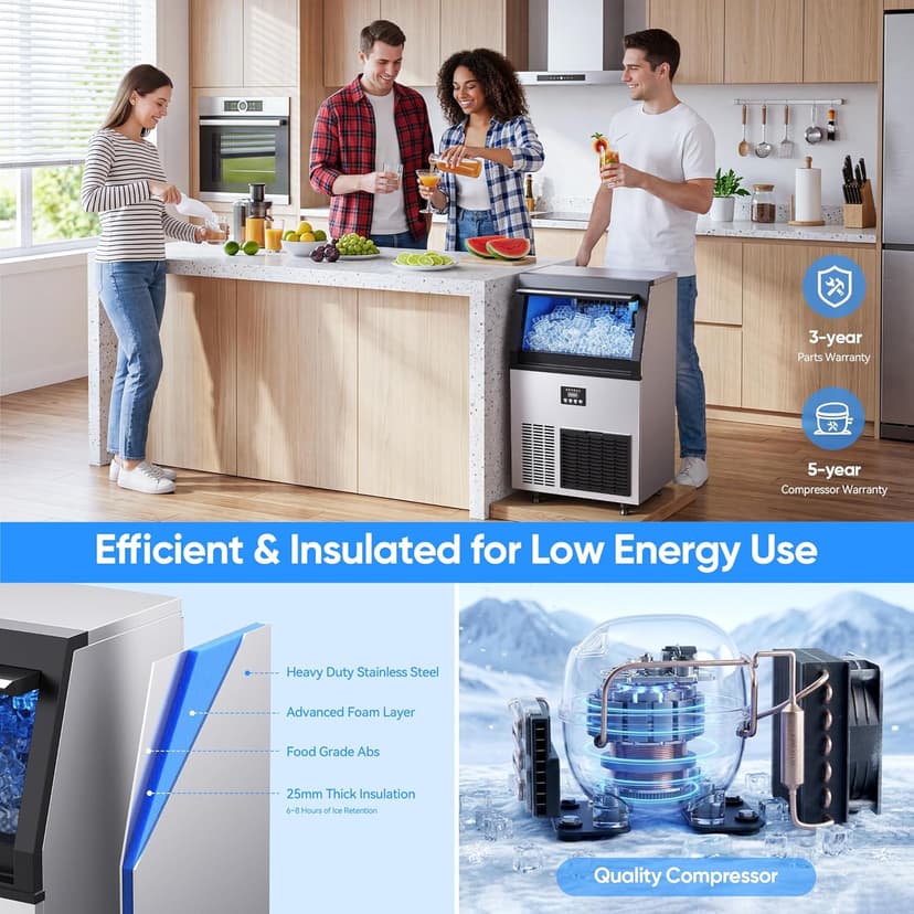 Coolake Commercial Ice Maker Machine, 200Lbs/Day Under Counter Ice Maker with 55 Lbs Storage, Stainless Steel Freestanding Built-in Outdoor Ice Machine with Water Filter for Home Bar Cafe Garage