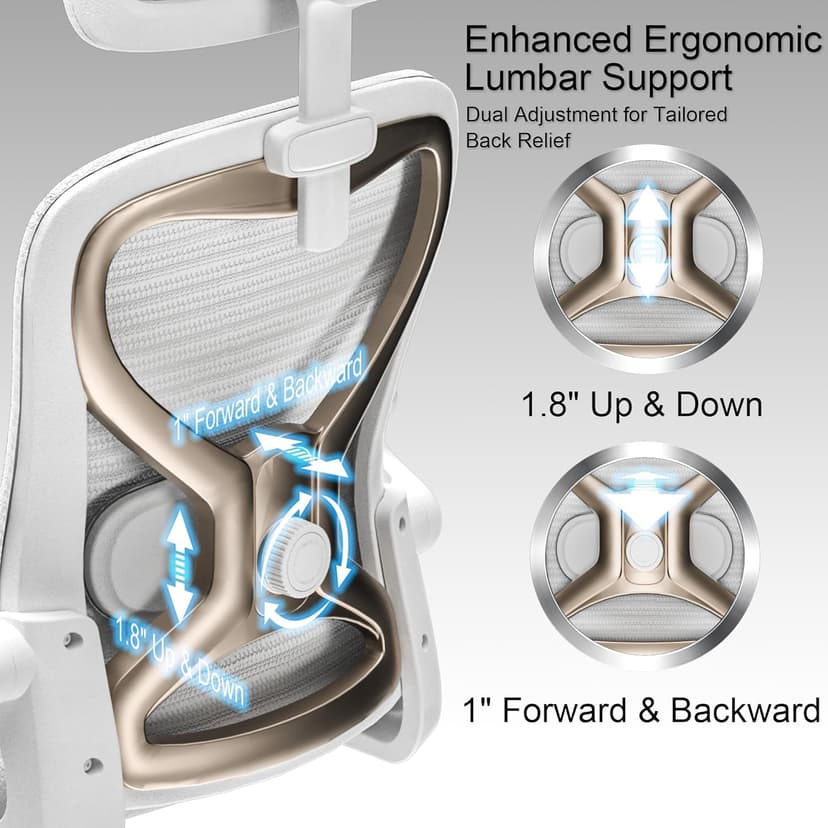 Ergonomic Office Chair for Back & Neck Pain Relief, Virgin Foam Seat, 2D Adjustable Lumbar & 3D Headrest, Tilt & Rock for Relaxation, Ideal for Long Sitting Comfort, White/Gold