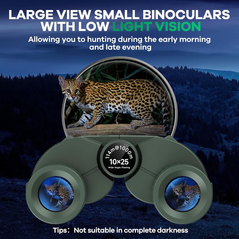 Leacco 10x25 Compact Binoculars for Adults and Kids, Large View Waterproof Small Binoculars with Low Light Vision BAK4 Prism FMC Lens for Cruise Ship Bird Watching Travel Hunting, Military Green