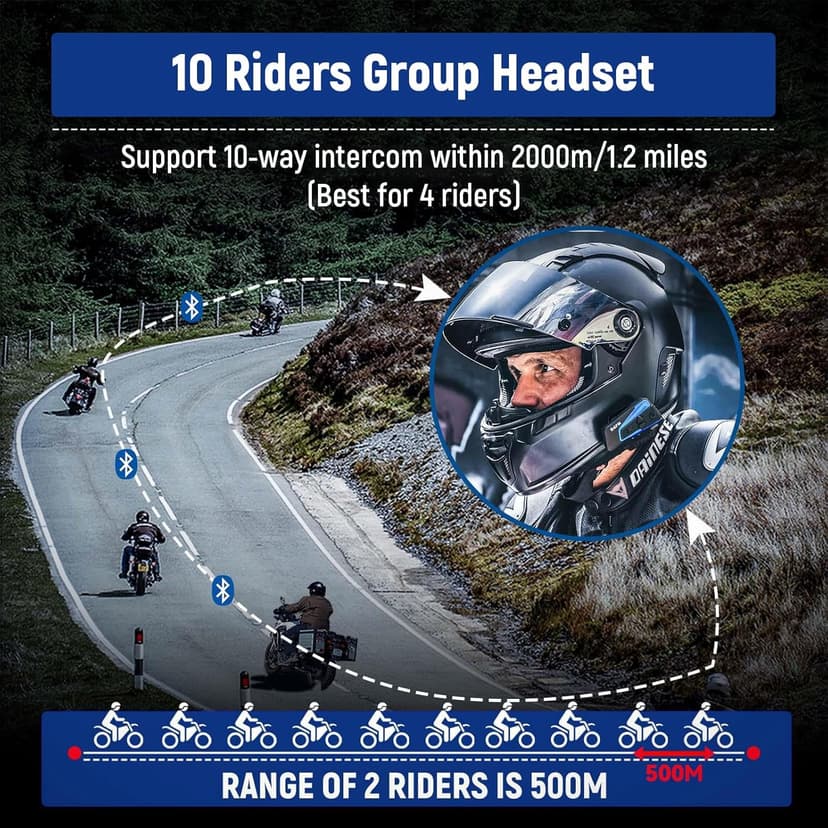 LEXIN B4FM Motorcycle Bluetooth Headset, 10 Riders Helmet Bluetooth Intercom, Universal IP67 Communication Systems with Music Sharing, Noise Cancellation, FM Radio, Fit for Snowmobile, 1 Pack