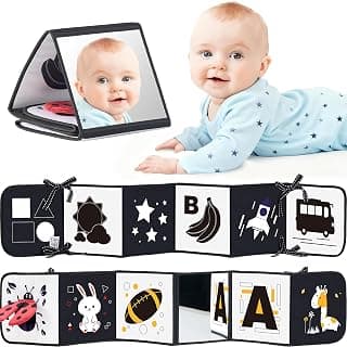 Newborn visual stimulation 0-6 months, Montessori sensory play, soft crinkle pages, folds flat, ties to crib and stroller Infinno High Contrast Baby Book, Black and White, Tummy Time Mirror Toy B0DHH7LGZT