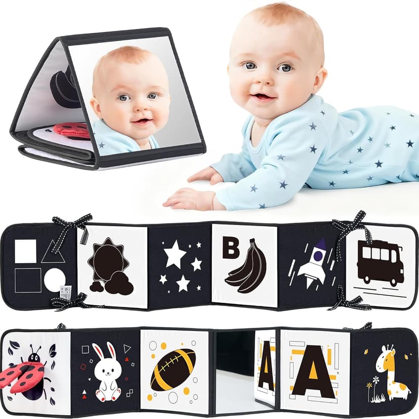 Newborn visual stimulation 0-6 months, Montessori sensory play, soft crinkle pages, folds flat, ties to crib and stroller Infinno High Contrast Baby Book, Black and White, Tummy Time Mirror Toy B0DHH7LGZT