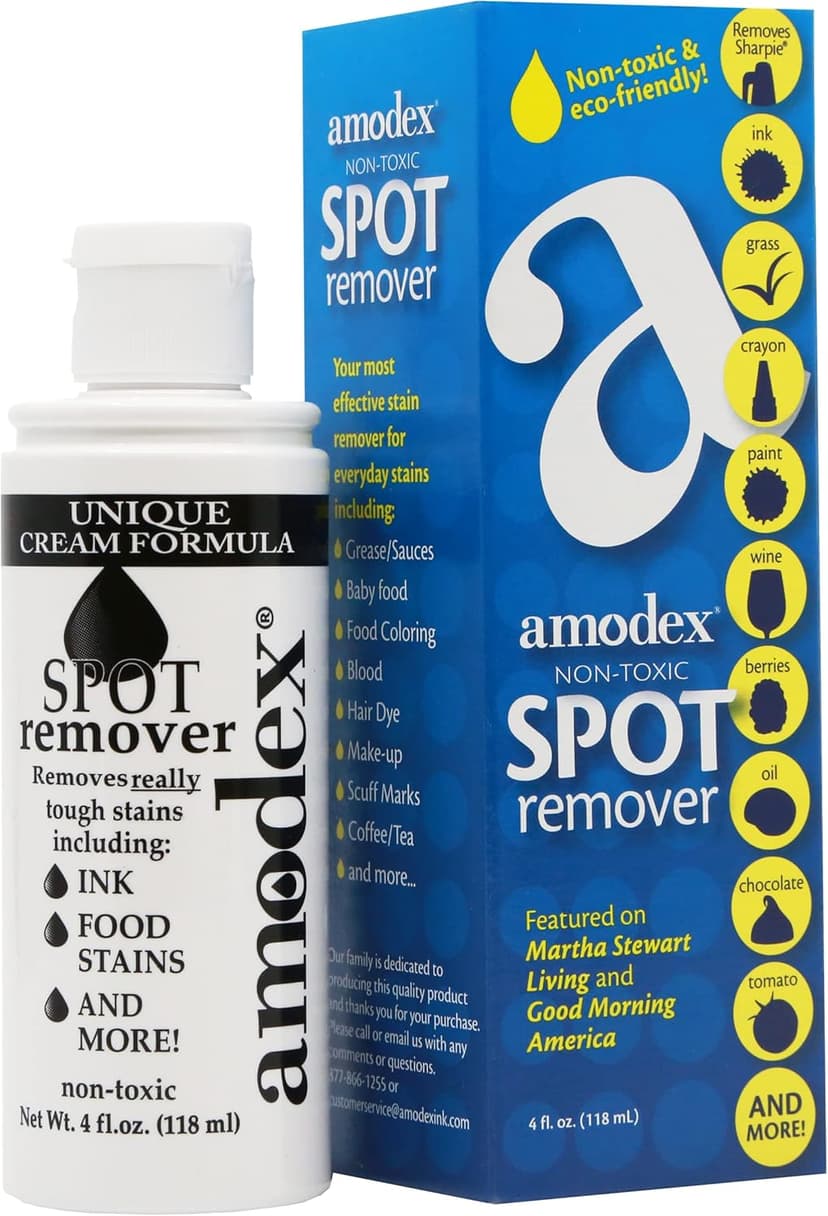 Amodex Ink & Spot Remover for Clothes, Leather and Skin - Removes Ink, Ballpoint, Sharpie, Grease and More, Works on Set-in Stains, Gentle but Powerful, 4oz/120ml Bottle