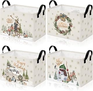 4 Pcs Christmas Storage Basket for Gifts Empty Large Christmas Storage Bins 15 x 10 x 8 Fabric Laundry Baskets with Handle Xmas Collapsible Organizer Boxes for Home Office Gifts Toys Books B0H4M5V4NG