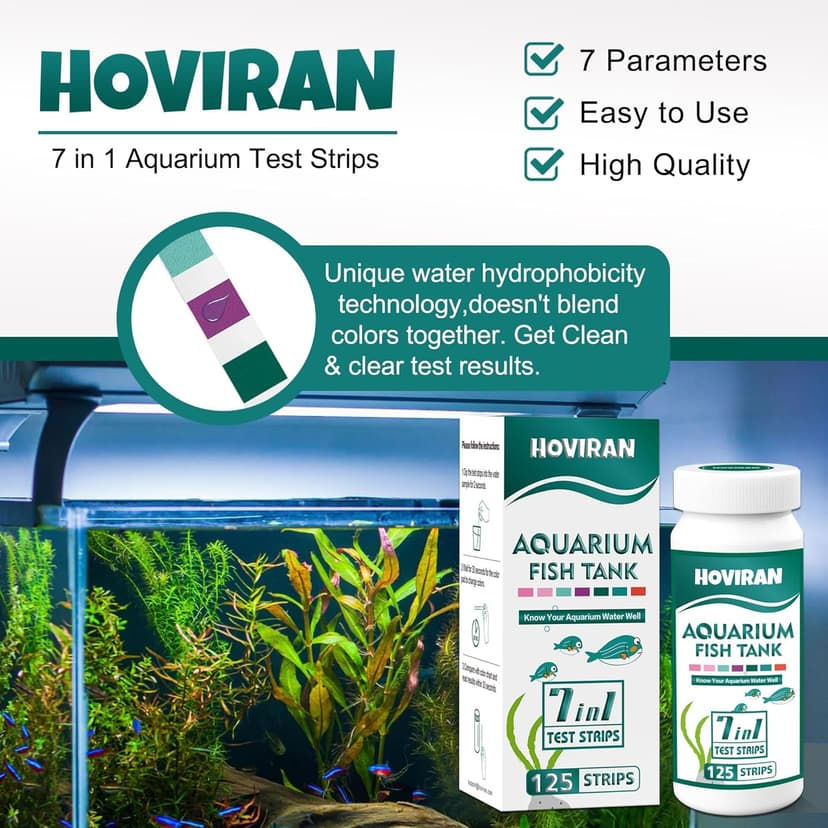 7 Way Aquarium Test Strips, 125 Count Fish Tank Test Strips for Freshwater Saltwater Pond, Water Testing Kit Aquarium for Chlorine, Total Hardness, Carbonate, Alkalinity, Nitrate, Nitrite and pH