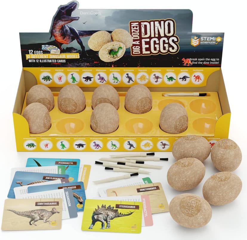 Dan&Darci Dig a Dozen Dino Egg Kit for Kids - Dinosaur Toys Gift 3-12 Year Old - 12 Eggs & Surprise Dinosaurs - Basket Stuffers - Science STEM Activities - Boy Toy Party Gifts for Boys & Girls