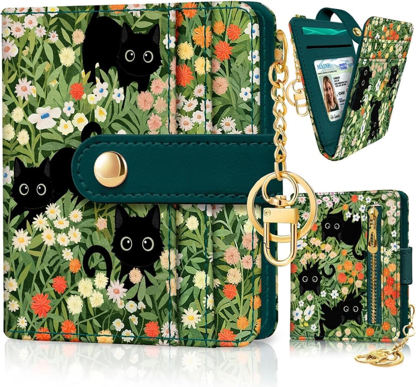 Jogjam Black Cat Floral Rfid Women Wallet, Small Slim Thin Credit Card Wallet, PU Leather Bifold Cash Zipper Coin Pocket ID Window for Female Ladies Teen Girls Girly