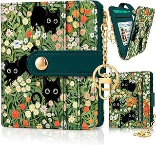 Jogjam Black Cat Floral Rfid Women Wallet, Small Slim Thin Credit Card Wallet, PU Leather Bifold Cash Zipper Coin Pocket ID Window for Female Ladies Teen Girls Girly