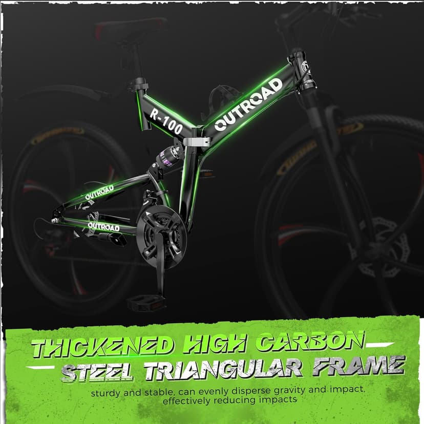 Outroad 26 Inch Folding Mountain Bike, 21 Speed Full Suspension High-Carbon Steel MTB Foldable Bicycle, Dual Disc Brake Non-Slip Folding Bikes for Adults/Men/Women, Black, Orange and Green