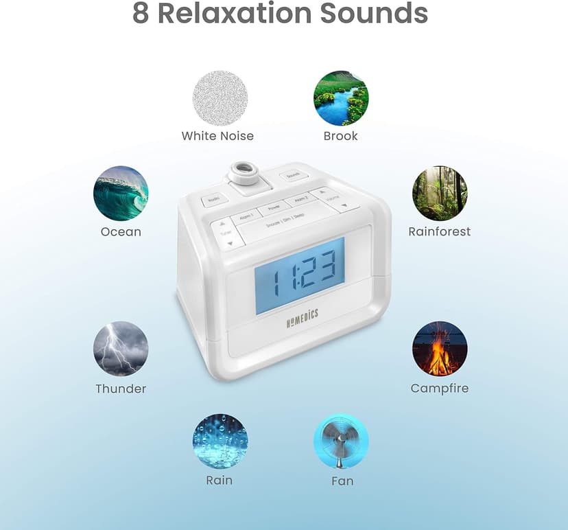 HoMedics Dual Alarm Digital FM Clock Radio Time Projection, 8 Relaxing Nature Sounds, LED Display, Multi-Alarm Snooze, Sleep Timer, Nightlight, Ceiling Clock SoundSpa, White