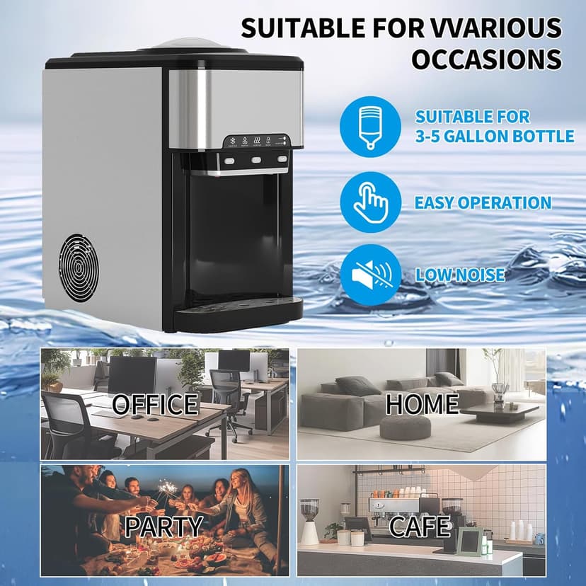 TABU 3-in-1 Countertop Water Dispenser&Ice Maker with 3 Temp Settings, 44LBS/24H, 4LBS Storage, Top-Loading, for 3-5 Gallon Bottles