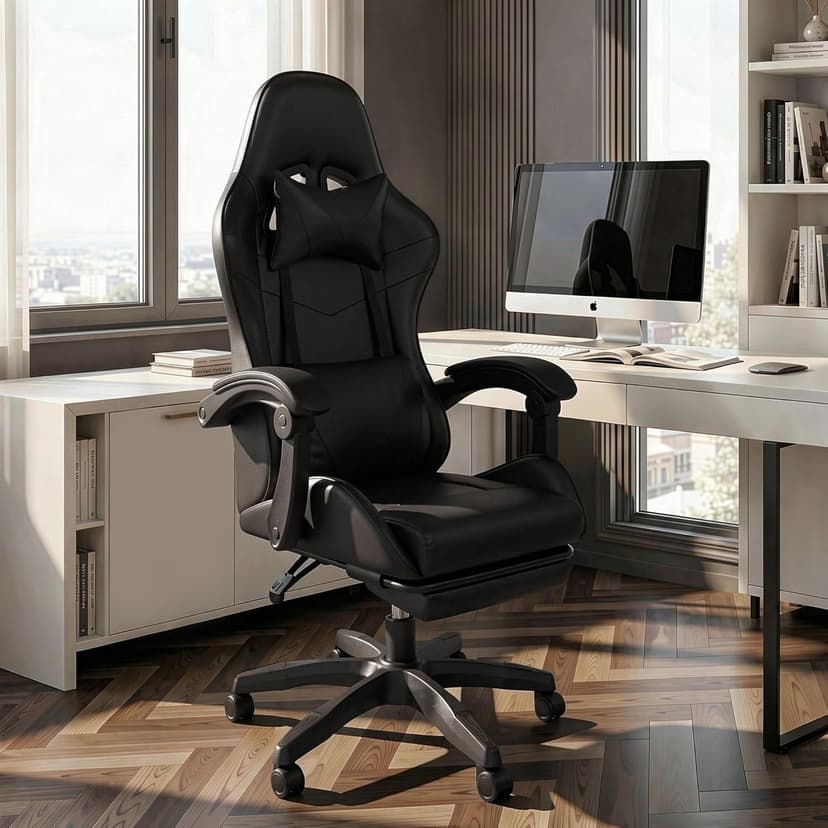 J.M.-Deco Gaming Chair Office Chair-Big and Tall Office Ergonomic Chair with Foot Rest - Comfy Desk Chair with Lumbar Support,Black