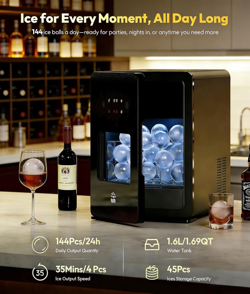 2" Ice Ball Maker - 4 Ice Spheres in 35min, 144pcs/Day, Sphere Ice Maker with Automatic Water Fill, LED Quiet Panel, Self-Cleaning Clear Ice Maker for Cocktails Whiskey Bourborn, Bar, Home