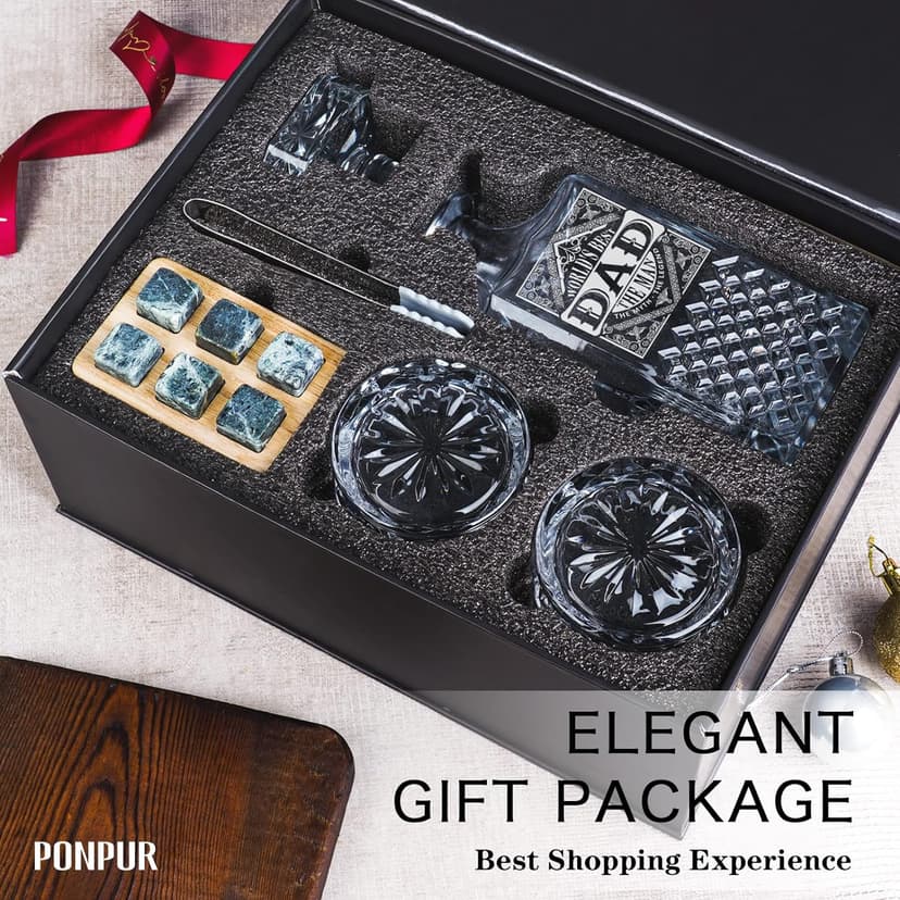 PONPUR Gifts for Men Dad Stocking Stuffers, Whiskey Decanter Set with 2 Glasses, Unique Cool Dad Birthday Gift from Daughter Son, Best Christmas Retirement Present for Man Father