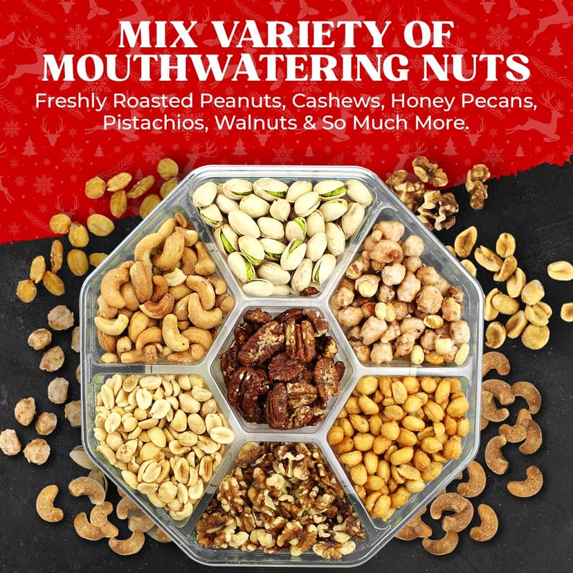 Christmas Nuts Gift Basket for Holiday Season, Premium Mixed Nut Assortment Gift Gourmet Snack Food Present Box, Christmas Gift Basket for Family (7 Sectional)