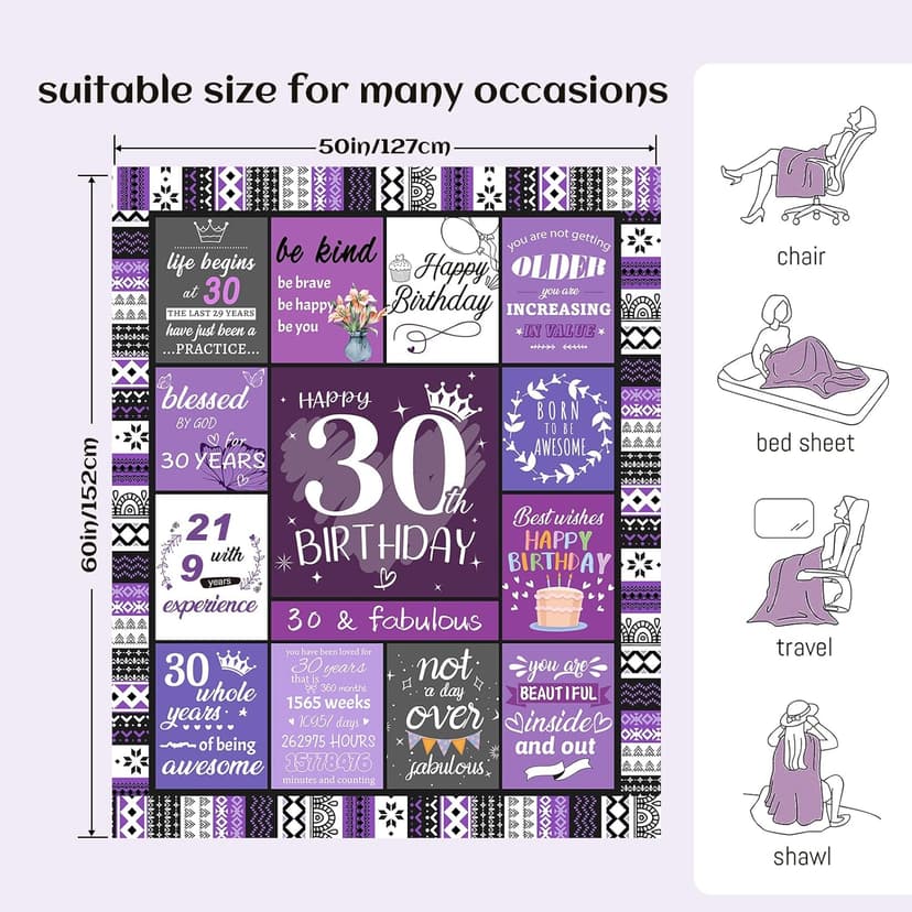 30th Birthday Gifts for Women Her, 30th Birthday Decorations for Women, 30 Year Old Gifts for Woman, Turning 30 and Fabulous - Blanket 60"X50"