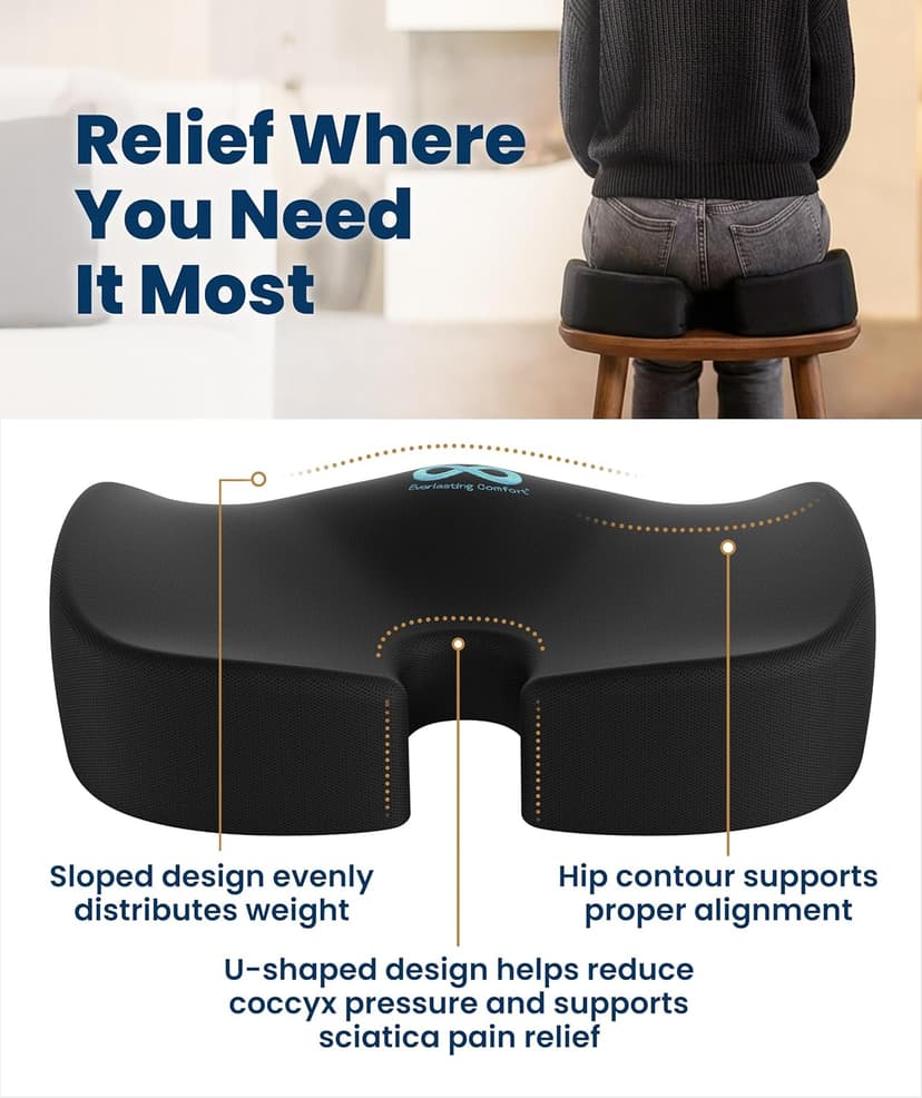 Everlasting Comfort Doctor Recommended Memory Foam Seat Cushion for Office Chairs & Car - Ergonomic Office Desk Accessories - Cushions for Tailbone Pain Relief, Sciatica (Black, X-Large)