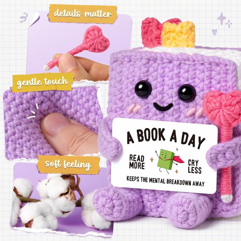 Funny Book-Themed Birthday Book Club Bookish Gifts for Reader, Librarian, Bookworm, Desk Decor, Handmade Book Lovers Gifts for Women, Girl, Book-Shaped Positive Support Crochet B0GL26L547