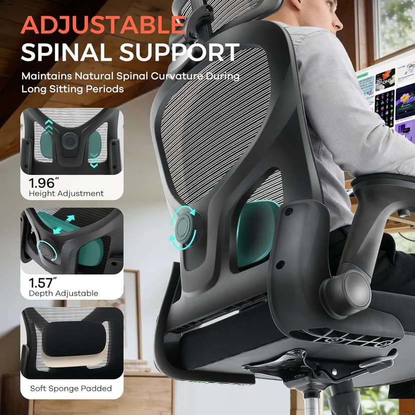 Office Chair,Ergonomic Office Desk Chair with 2D Adjustable Lumbar Support,3D Headrest,2D Arms,330LBS High Back Mesh Computer Home Office Chairs Rolling Tilting Swivel Executive Chairs Black