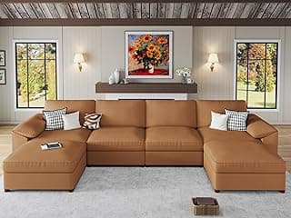 EASE MOOSE Brown Faux Leather Sectional Sofa,Leather Sectional Couch with Deep Seat,Extra Large U Shaped Couch,Oversized Modular Modern Scratch Resistant Sofas