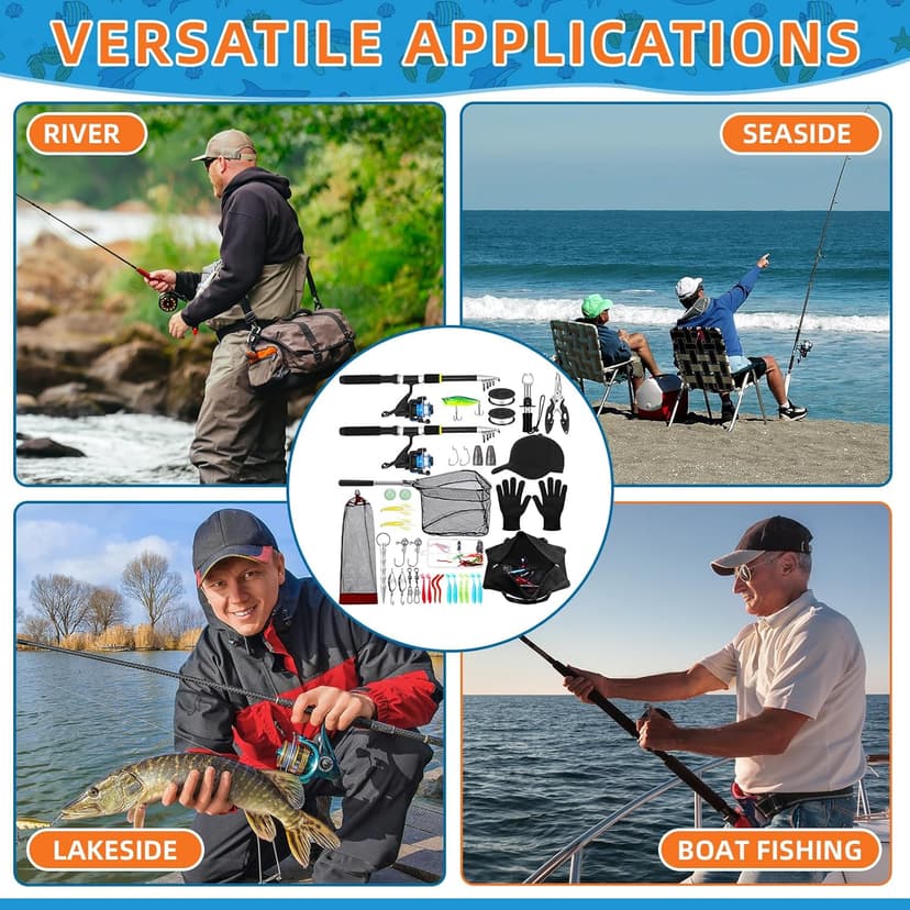 LaRandom Fishing Rod and Reel Combo Telescopic Fishing Pole Kit Collapsible with Plier Lip Gripper Lures Carrier Bag Pre-Loaded Spinning Reel for Beginner Men Travel Saltwater Freshwater