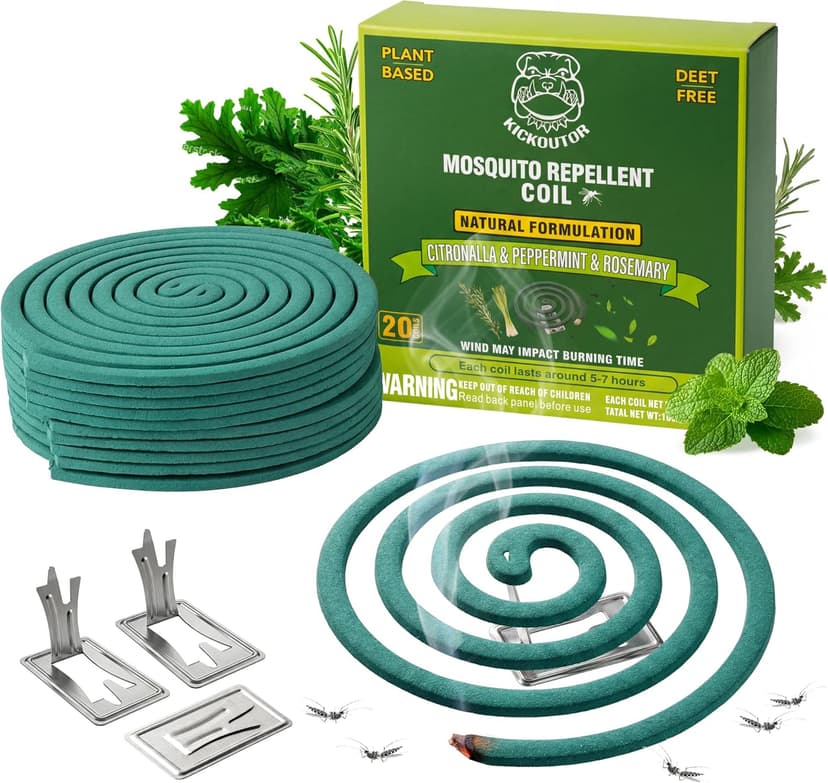 KICKOUTOR Mosquito Repellent Incense Coils with Natural Citronella Oil, 20 Coils & 4 Stands, DEET-Free Outdoor Protection for Patio, Backyard & Camping, Burns 5-7 Hours Against Gnats & No-See-Ums