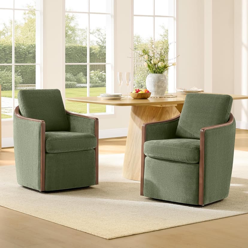 CHITA Upholstered Dining Chairs Set of 2 with Hidden Casters, Modern Dining Chair with Backrest & Wood Armrest, Chenille Barrel Chairs for Dining Room, Kitchen Chairs Fully Assembled, Moss Green