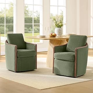 CHITA Upholstered Dining Chairs Set of 2 with Hidden Casters, Modern Dining Chair with Backrest & Wood Armrest, Chenille Barrel Chairs for Dining Room, Kitchen Chairs Fully Assembled, Moss Green