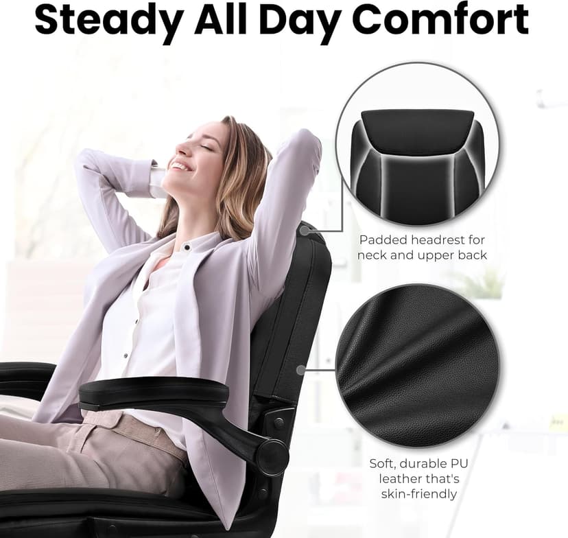 NEO CHAIR Desk Office Gaming Computer Chair Ergonomic Executive Mid-Back Leather with Adjustable Padded Flip-Up Armrests Cushion Wheels Swivel for Home Study Task (Black White)