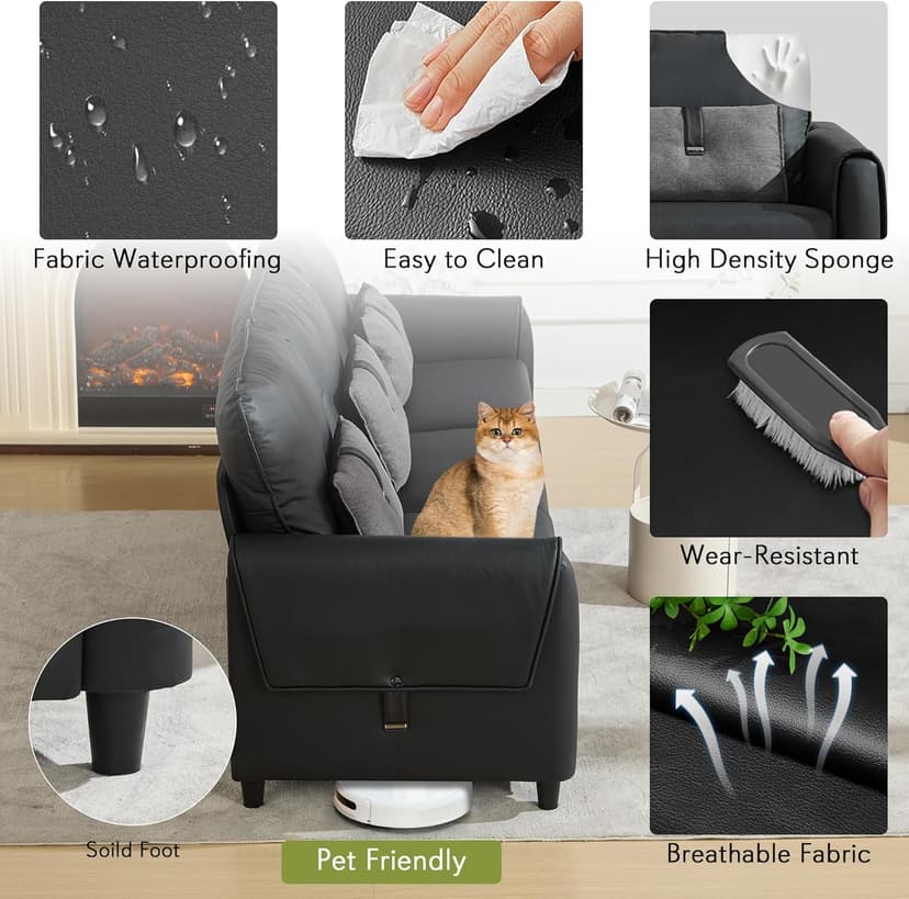 STHOUYN 88” Faux Leather Couch for Living Room, Black Office Couch Small Space, Comfy 3 Seater Couches Leather Sofa with High Backrest (Black)