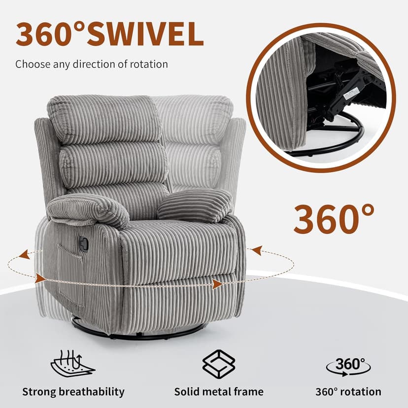 Plush Premium Velvet 360° Swivel Rocker Recliner Chair - High Back Glider with Generous Footrest, Supportive Armrests & Side Pocket for Nursery, Living Room & Small Spaces Grey