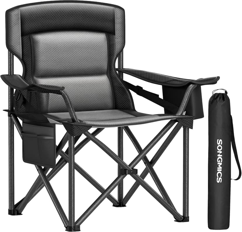 SONGMICS Oversized Lumbar Support Camping Chair, Heavy-Duty Outdoor Folding Chair Comfortable, Padded, Glamping, Cooler Bag, Weight Capacity 450 lb, Ink Black UGCB066B01