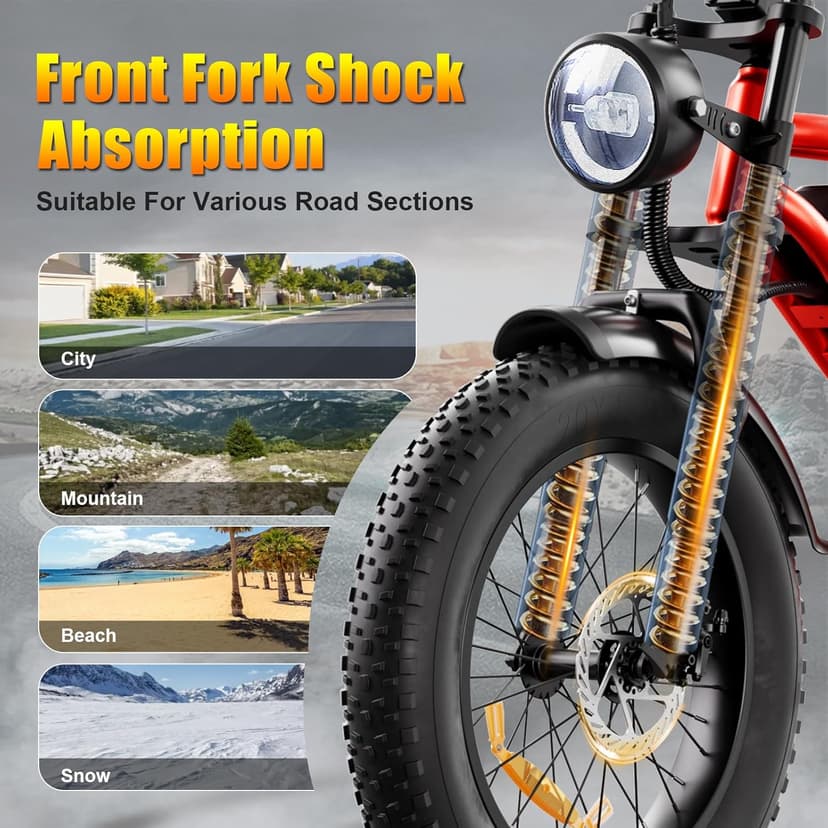 HAPPYRUN 1500W Electric Bike for Adults, 48V 18Ah Removable Battery, 20" Fat Tire E-Bike, 32MPH & 68+ Miles Range, 7-Speed Transmission, All-Terrain Mountain Ebike for Men & Women (Orange-red)