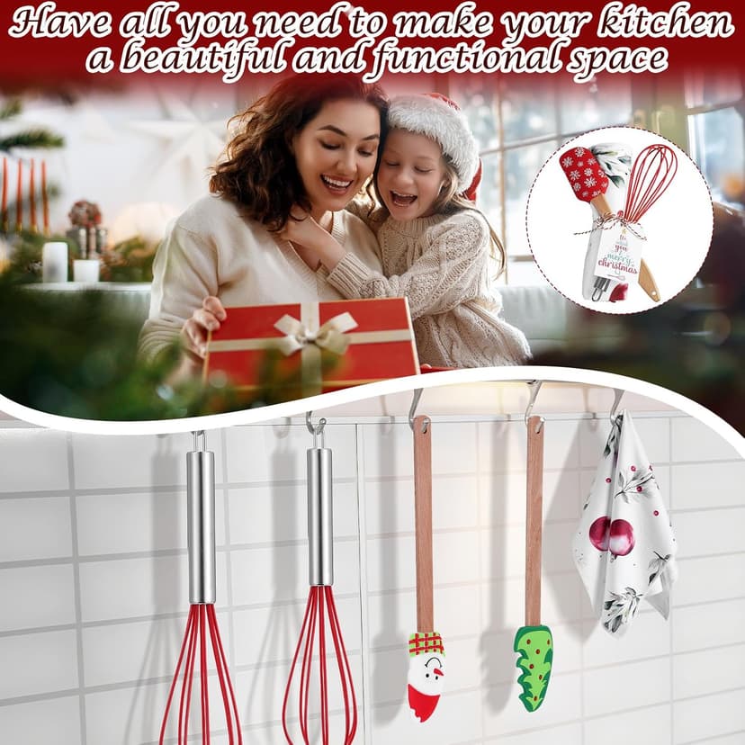 Mimorou 6 Sets Christmas Whisks Kitchen Gifts Stainless Steel Whisks Silicone Spatulas Towels Greeting Cards Rope for Neighbor Employee Baking Gift Xmas Cooking Supplies