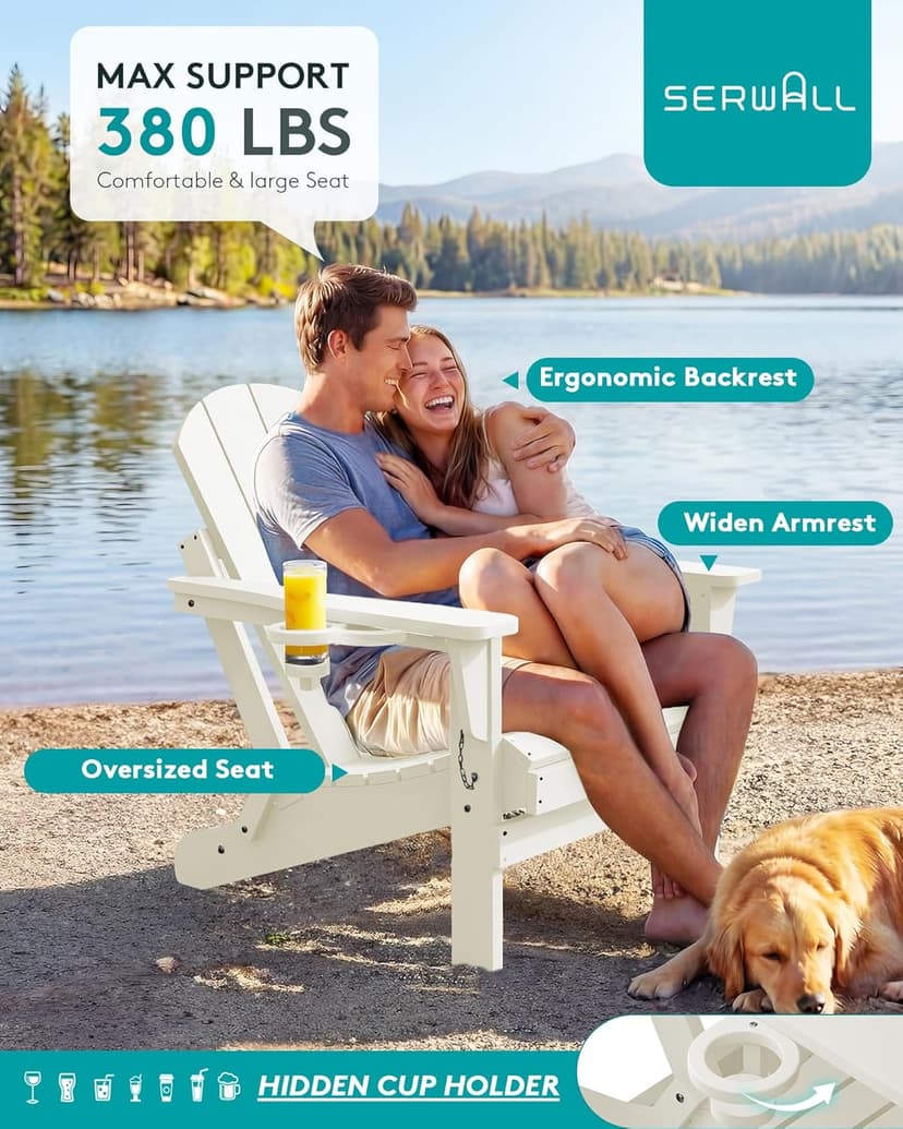 SERWALL Folding Adirondack Chair Set of 2, All Weather Patio Chair with Wood Texture, Fire Pit Chairs for Outdoor - White