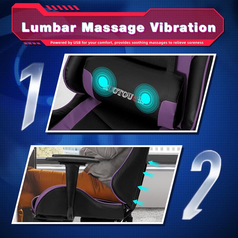 ECOTOUGE PC Massage Gaming Chair with Footrest Ergonomic Office Desk Chair Racing PU Leather Recliner Swivel Rocker with Headrest and Lumbar Pillow, Violet
